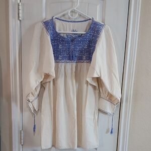 Source Unknown Off Whitr & Blue Embroidered Tunic or Micro Mini